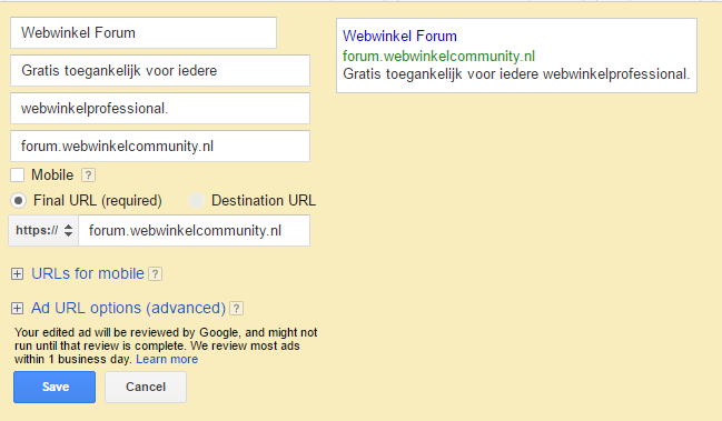 Vergeet niet links in bijvoorbeeld adwords aan te passen